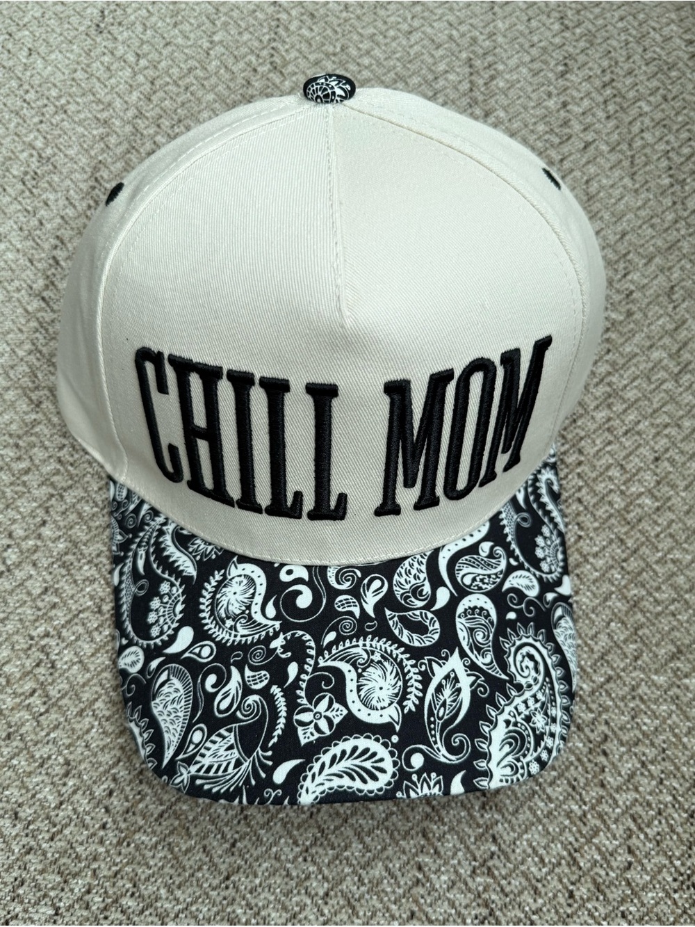 CHILL MOM Trucker Baseball Cap - Cream with Black Paisley Visor Adjustable